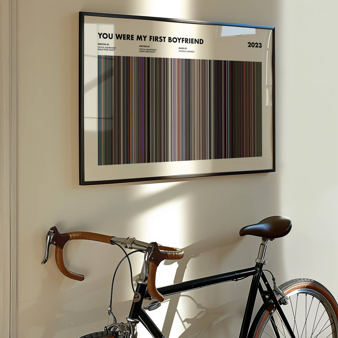 You Were My First Boyfriend Movie Barcode Poster framed on the wall of a styled room setting