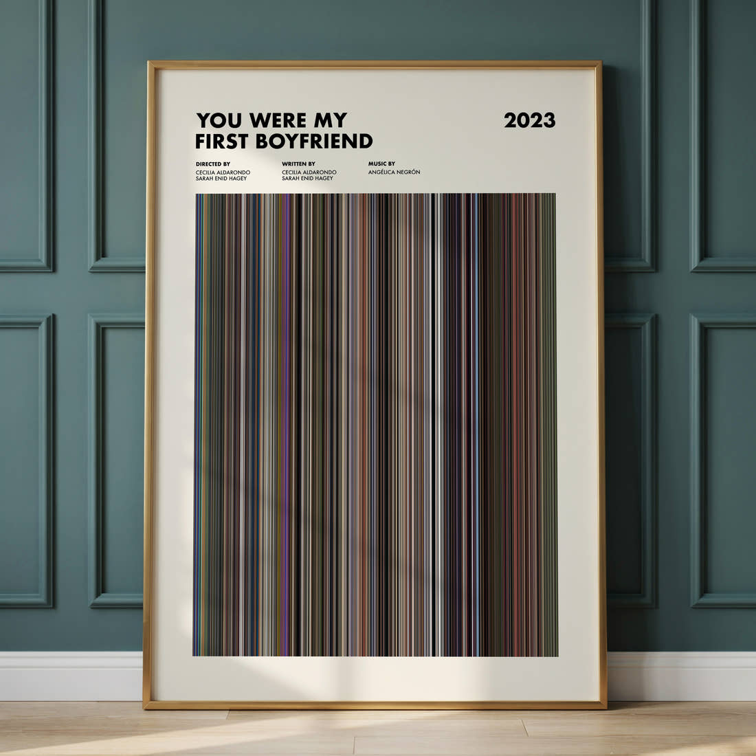 You Were My First Boyfriend Movie Barcode Poster framed and leaning against a panelled wall
