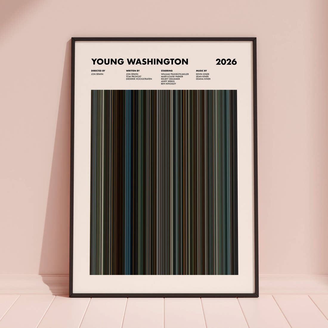 Young Washington Movie Barcode Poster framed and leaning against a coloured wall