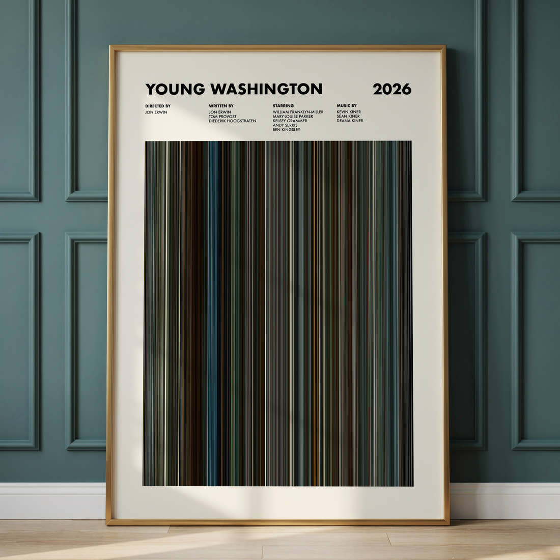 Young Washington Movie Barcode Poster framed and leaning against a panelled wall