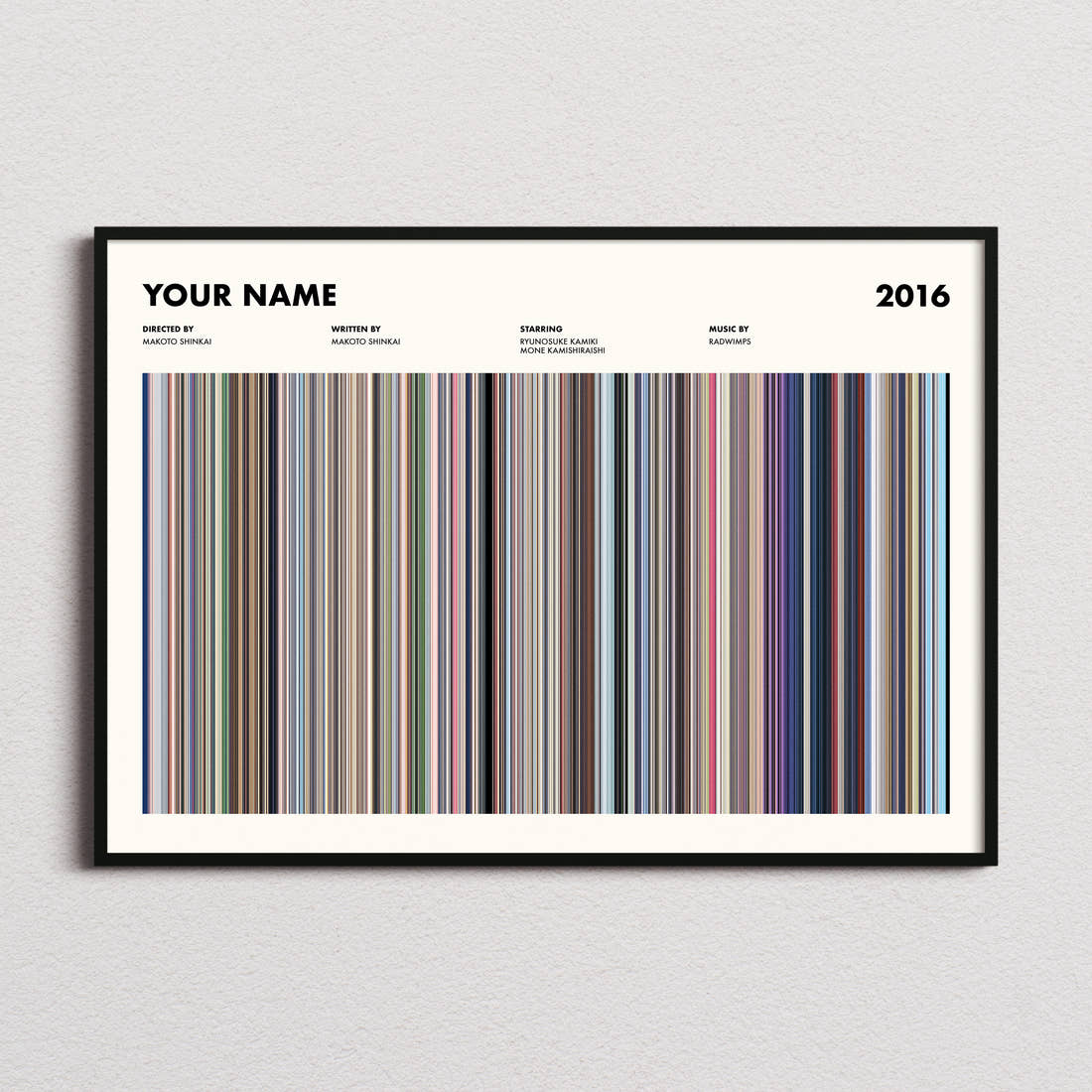Your Name Movie Barcode Poster framed and photographed straight on