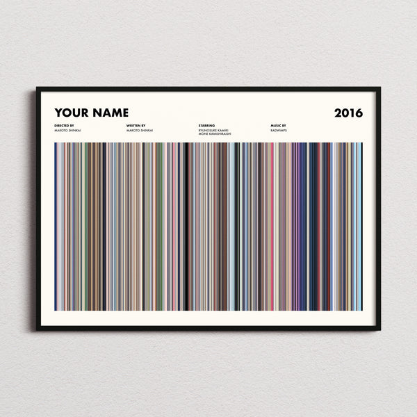 Your Name Movie Barcode Poster framed and photographed straight on