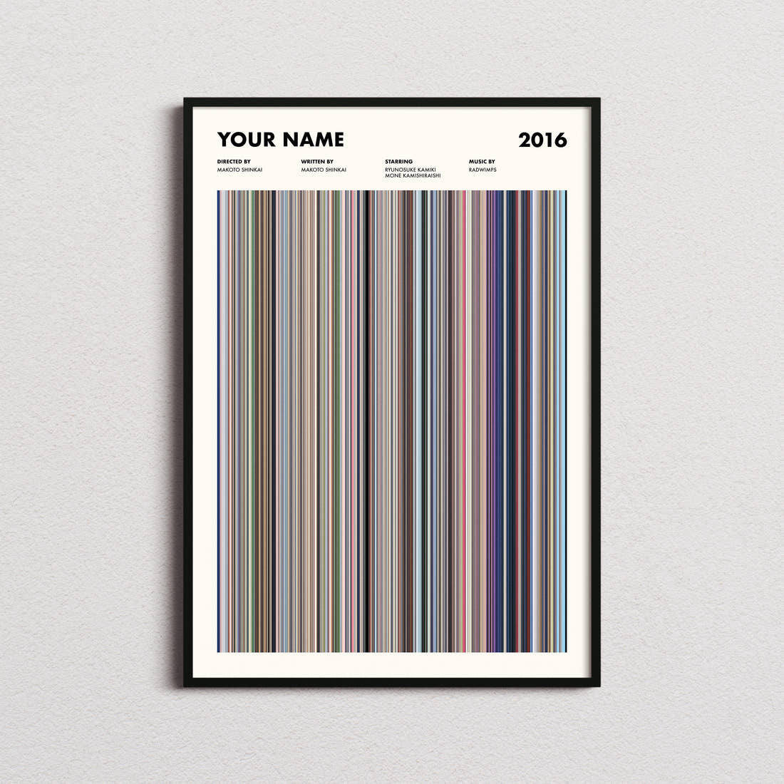 Your Name Movie Barcode Poster framed on a plain studio wall