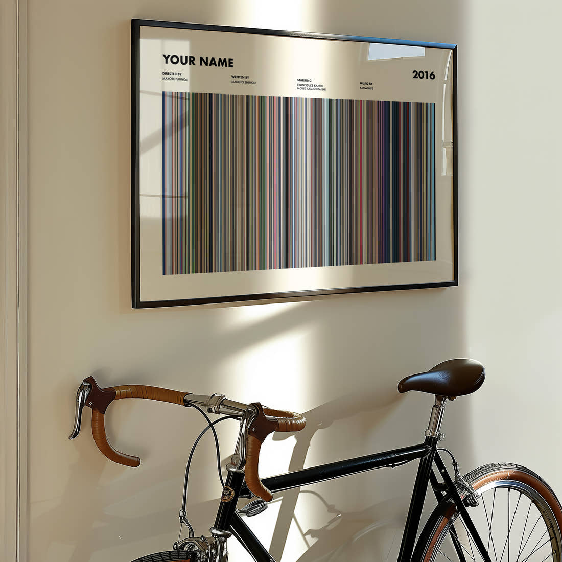 Your Name Movie Barcode Poster framed on the wall of a styled room setting