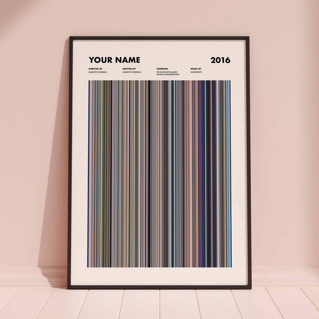Your Name Movie Barcode Poster framed and leaning against a coloured wall