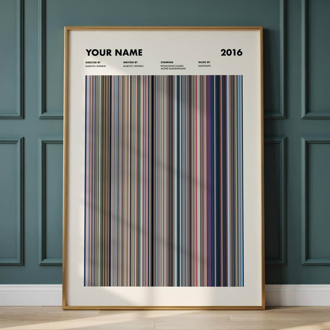 Your Name Movie Barcode Poster framed and leaning against a panelled wall