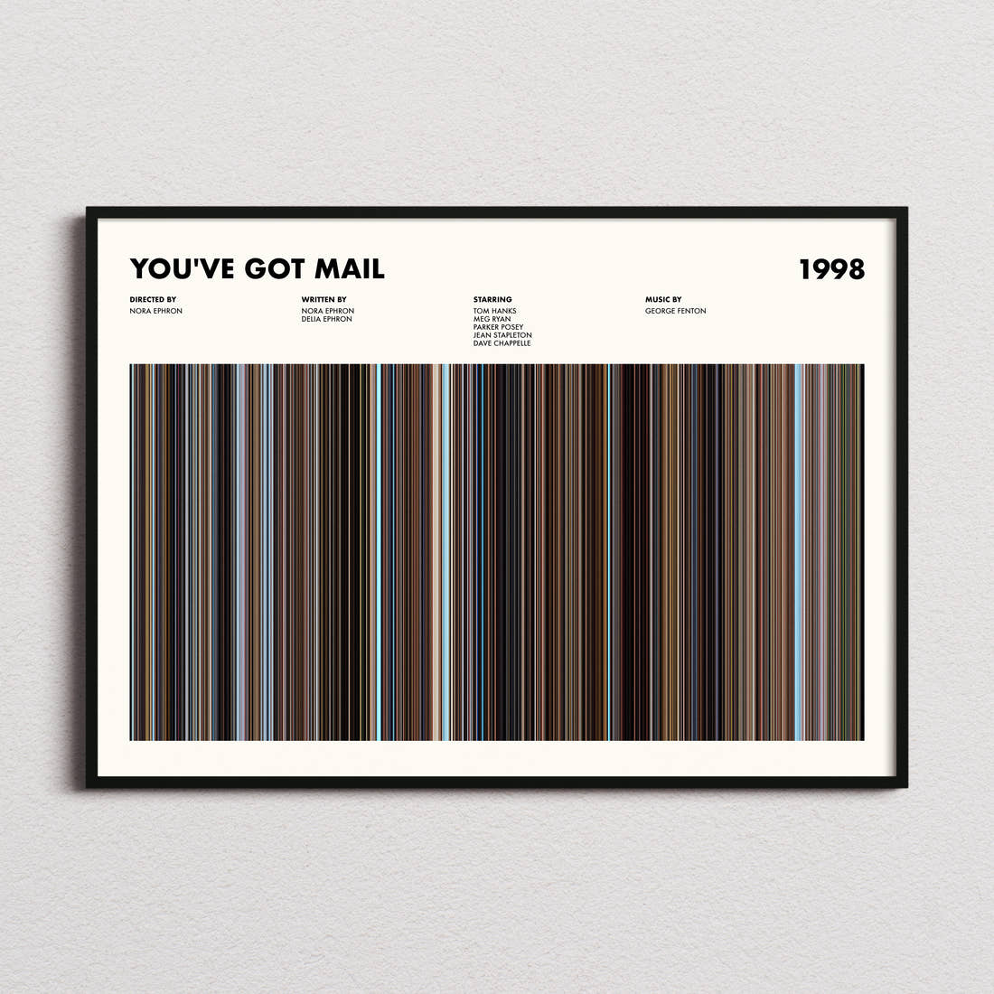 Youve Got Mail Movie Barcode Poster framed and photographed straight on