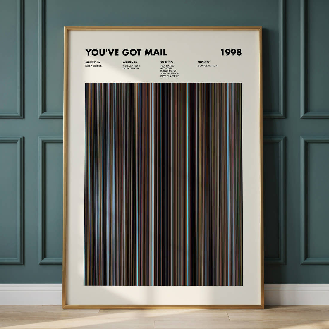 Youve Got Mail Movie Barcode Poster framed and leaning against a panelled wall
