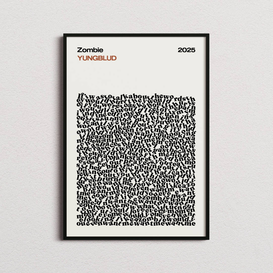 YUNGBLUD Zombie Lyric Print in the cream colourway, framed