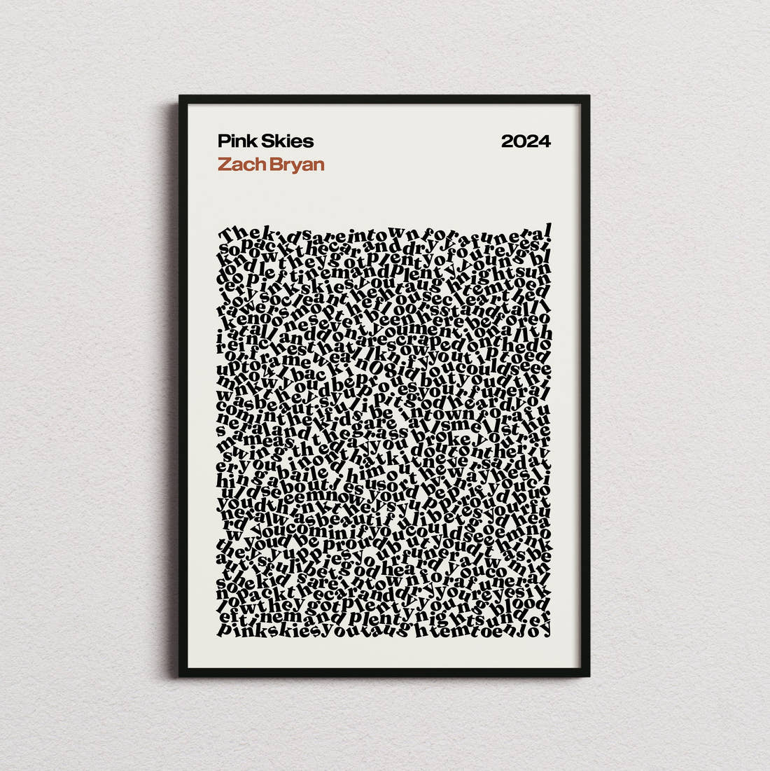Zach Bryan Pink Skies Lyric Print in the cream colourway, framed