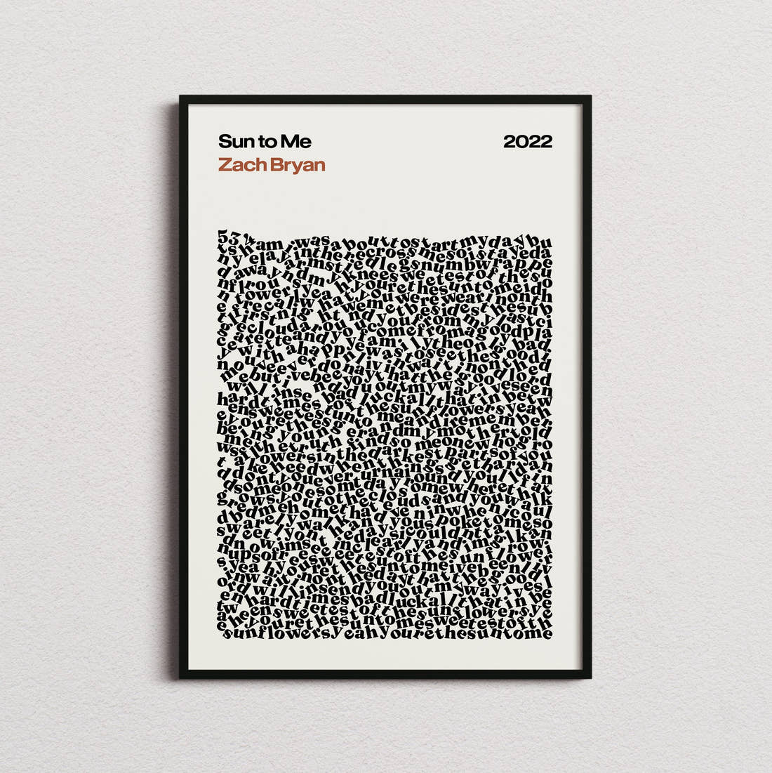 Zach Bryan Sun to Me Lyric Print in the cream colourway, framed