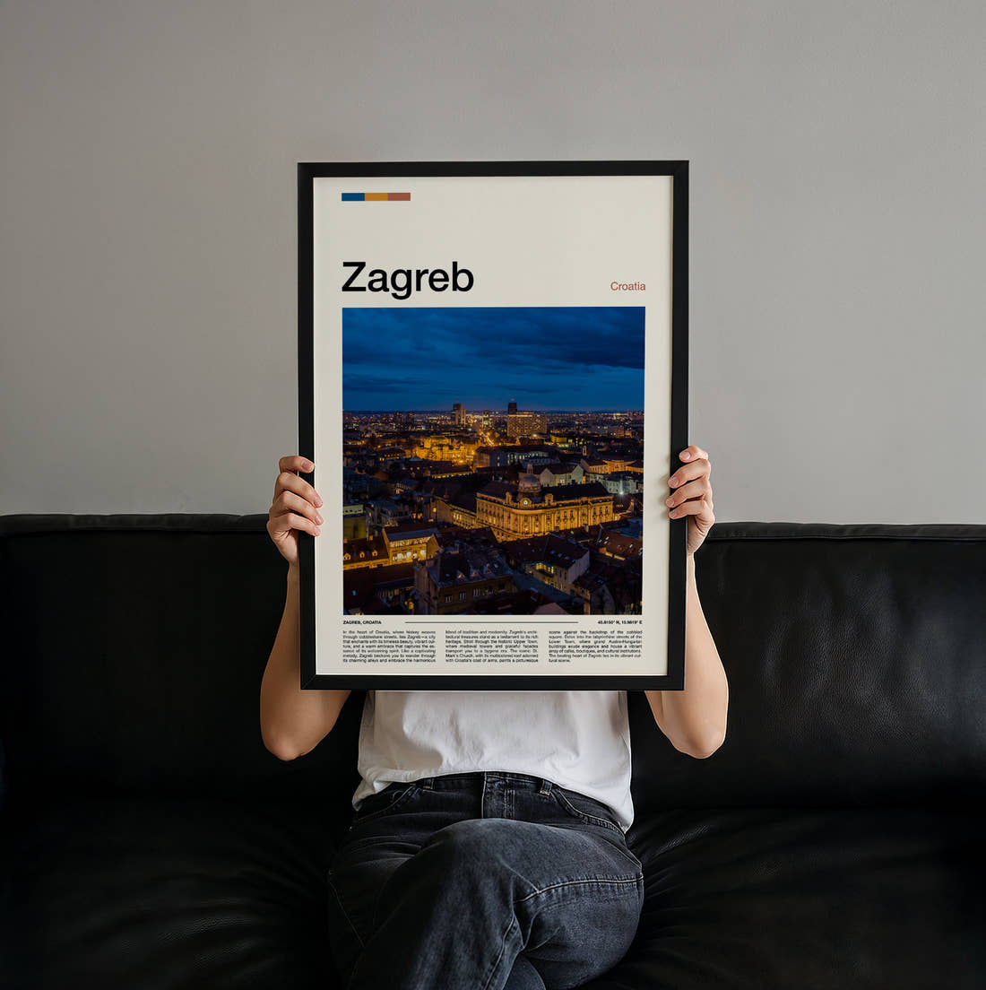Zagreb Illuminated City At Night Travel Print held up by hand to show the size of the print