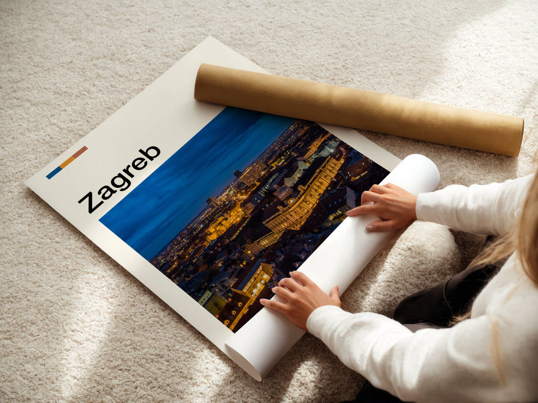 Zagreb Illuminated City At Night Travel Print being unrolled from its postal tube