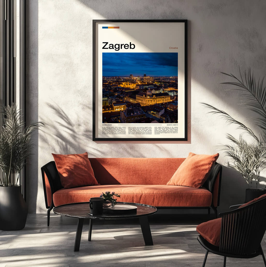 Zagreb Illuminated City At Night Travel Print framed on the wall of a modern living room