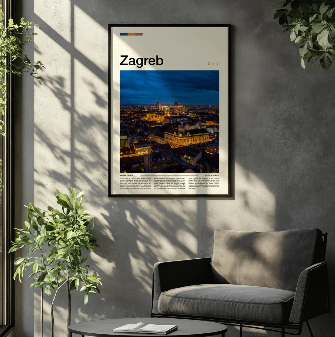 Zagreb Illuminated City At Night Travel Print framed on the wall of a relaxed living room