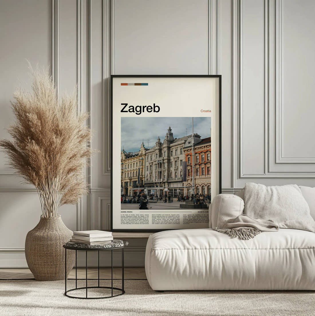 Zagreb Grand Square Facades Travel Print framed on the wall of a calm, neutral bedroom