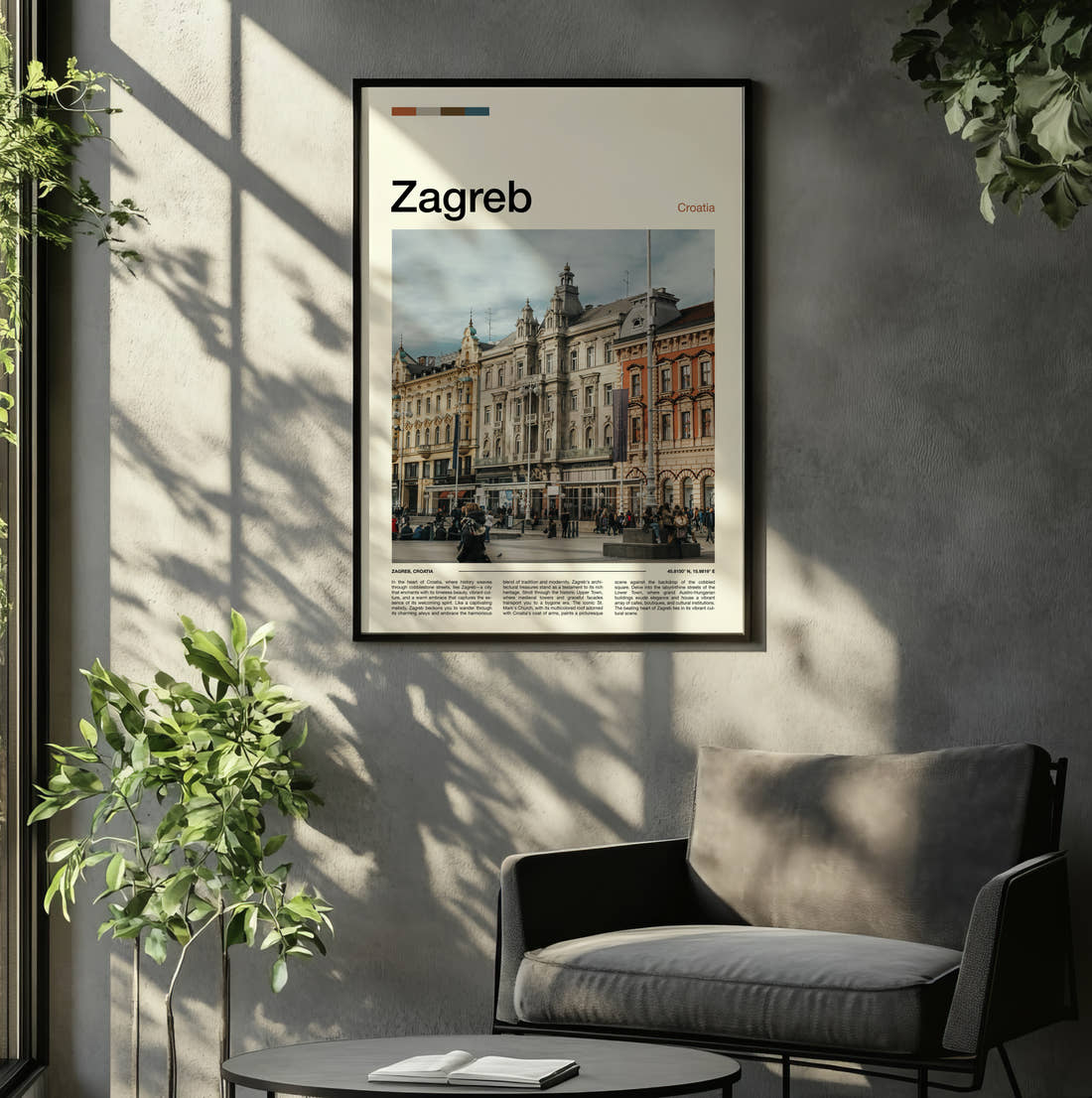 Zagreb Grand Square Facades Travel Print framed on the wall of a relaxed living room