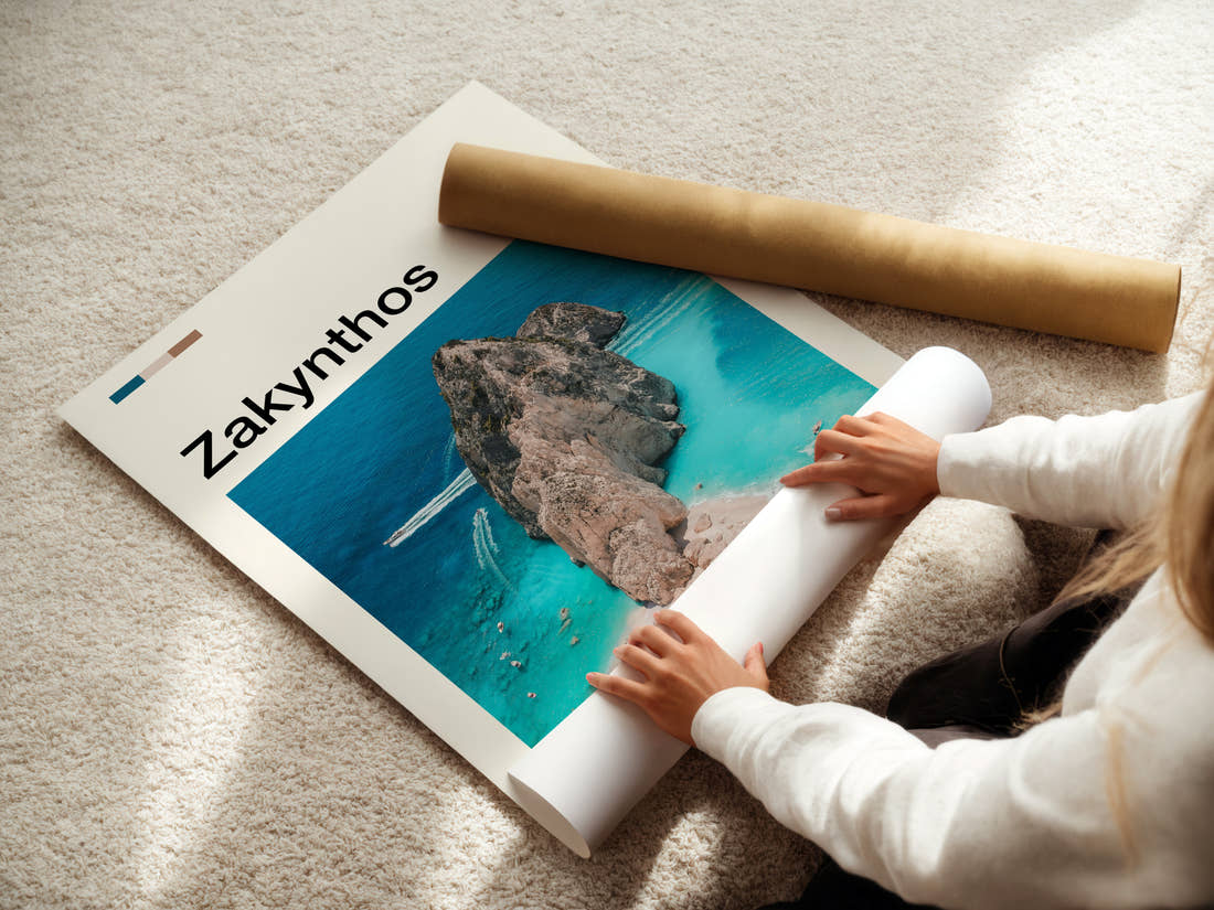 Zakynthos Aerial Rock Islet Travel Print being unrolled from its postal tube