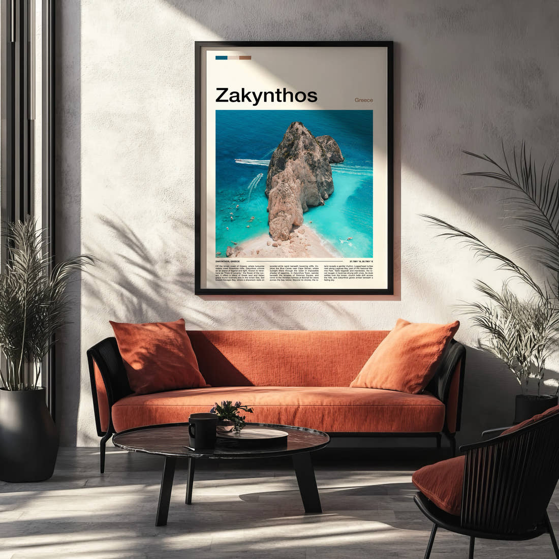 Zakynthos Aerial Rock Islet Travel Print framed on the wall of a modern living room