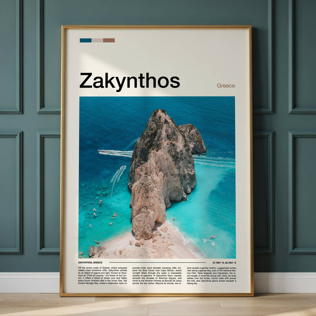 Zakynthos Aerial Rock Islet Travel Print framed on the wall of a calm, neutral bedroom