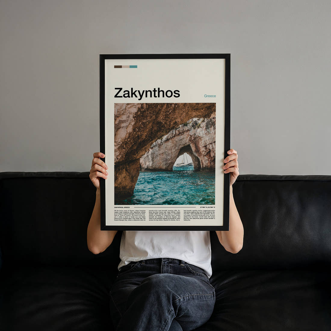 Zakynthos Sea Cave Arch Travel Print held up by hand to show the size of the print