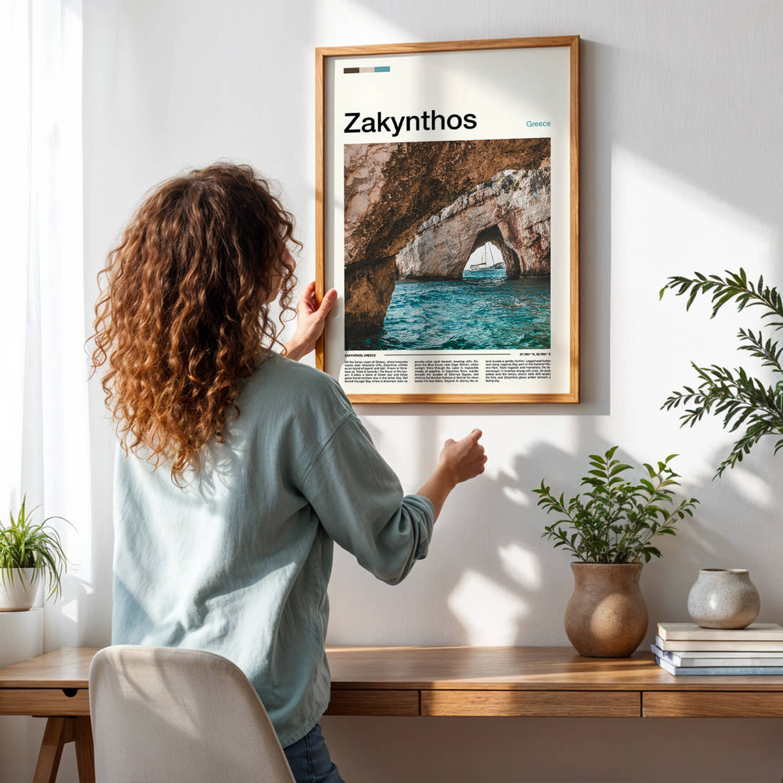 Zakynthos Sea Cave Arch Travel Print framed on a pale wall beside houseplants