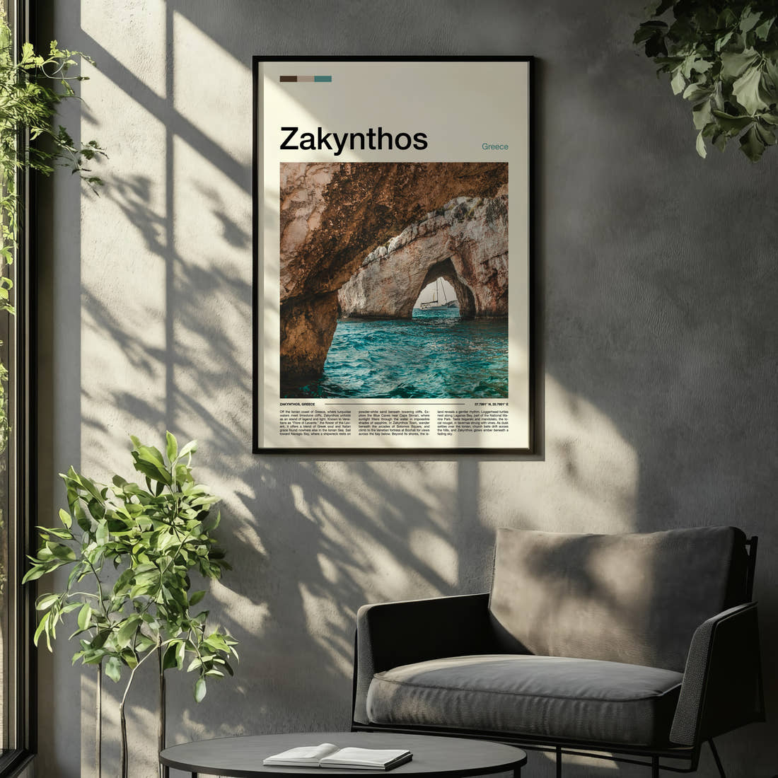 Zakynthos Sea Cave Arch Travel Print framed on the wall of a relaxed living room