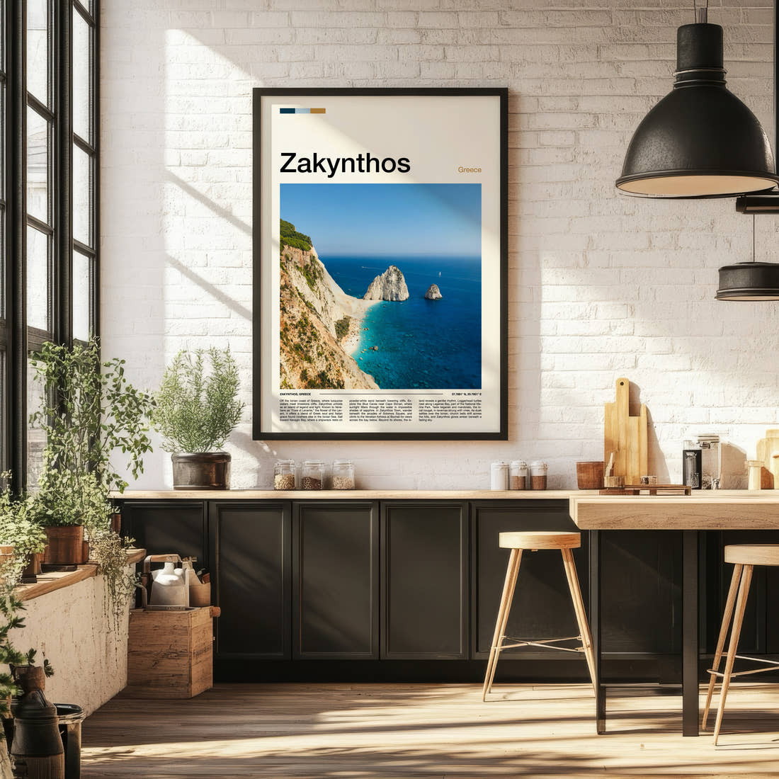 Zakynthos Limestone Sea Stacks Travel Print framed on the wall of a bright kitchen and dining space