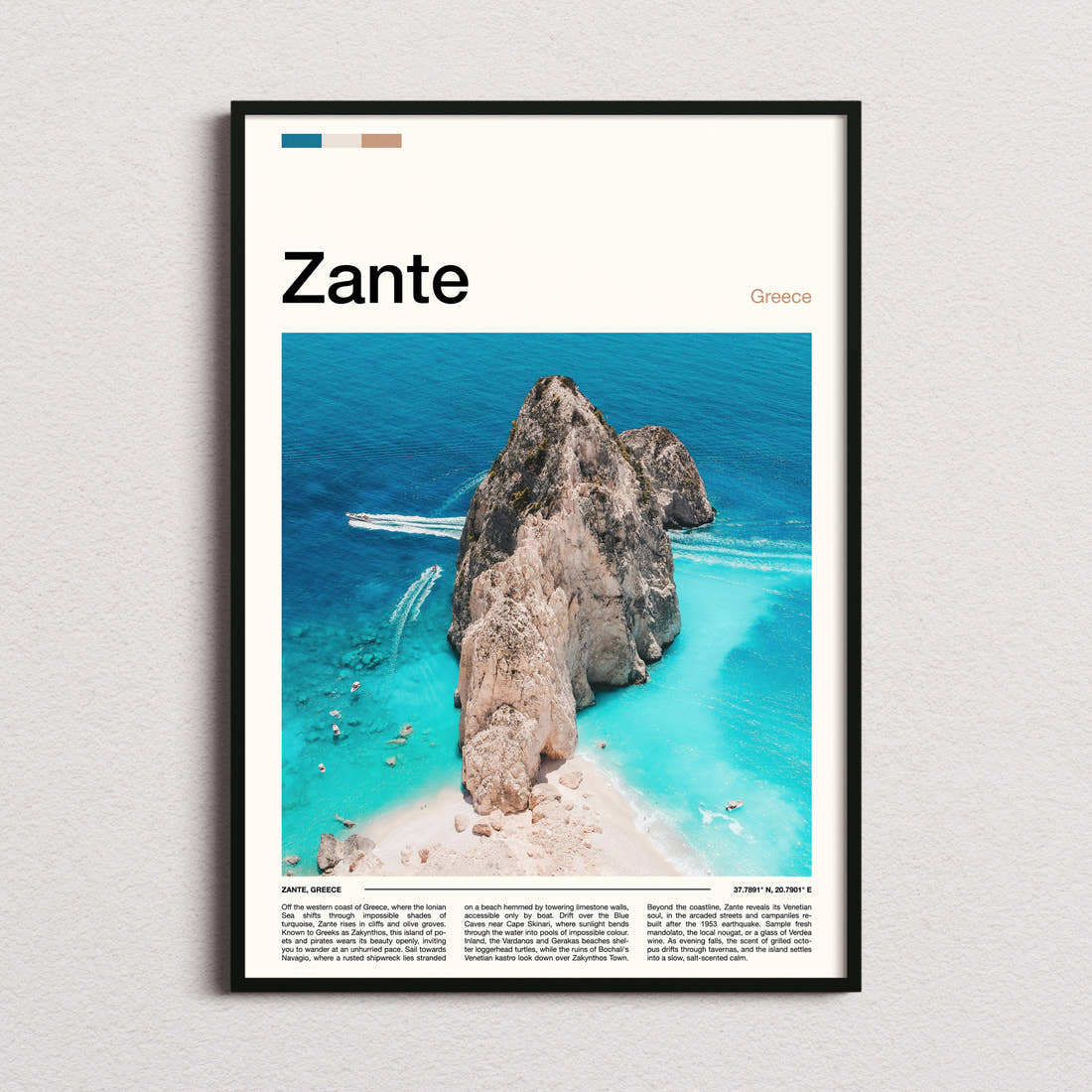 Zante Aerial Limestone Cove Travel Print framed and photographed straight on