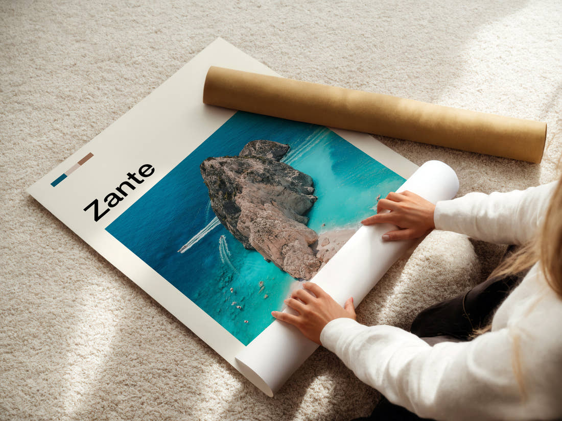 Zante Aerial Limestone Cove Travel Print being unrolled from its postal tube