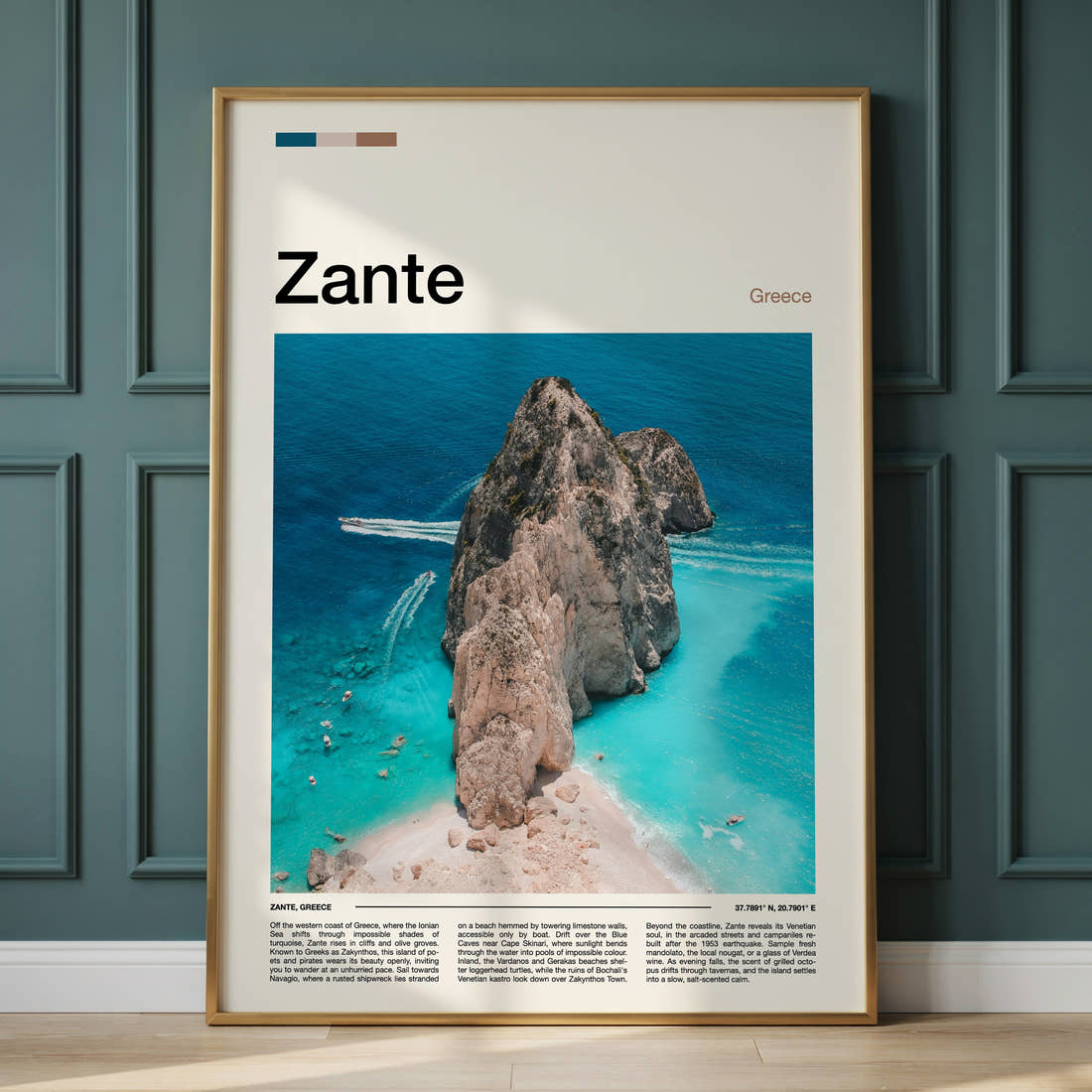 Zante Aerial Limestone Cove Travel Print framed on the wall of a calm, neutral bedroom