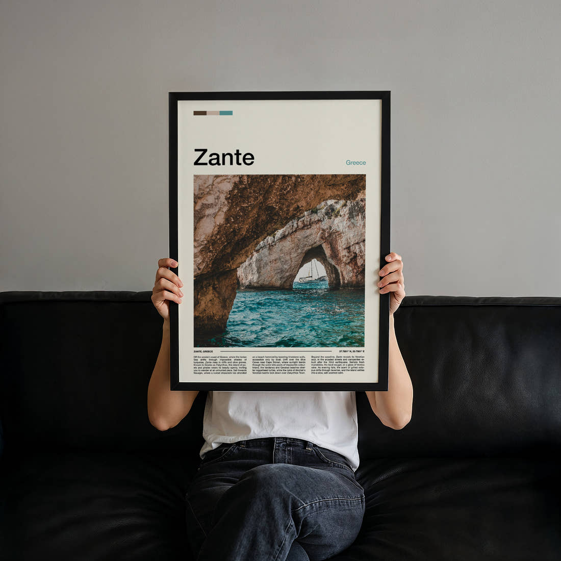 Zante Limestone Sea Cave Travel Print held up by hand to show the size of the print
