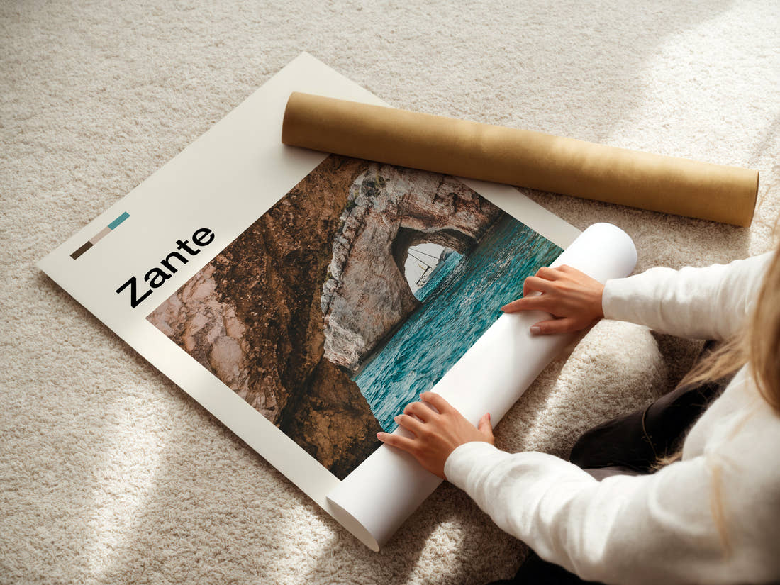Zante Limestone Sea Cave Travel Print being unrolled from its postal tube