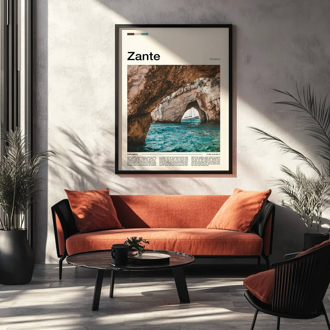 Zante Limestone Sea Cave Travel Print framed on the wall of a modern living room