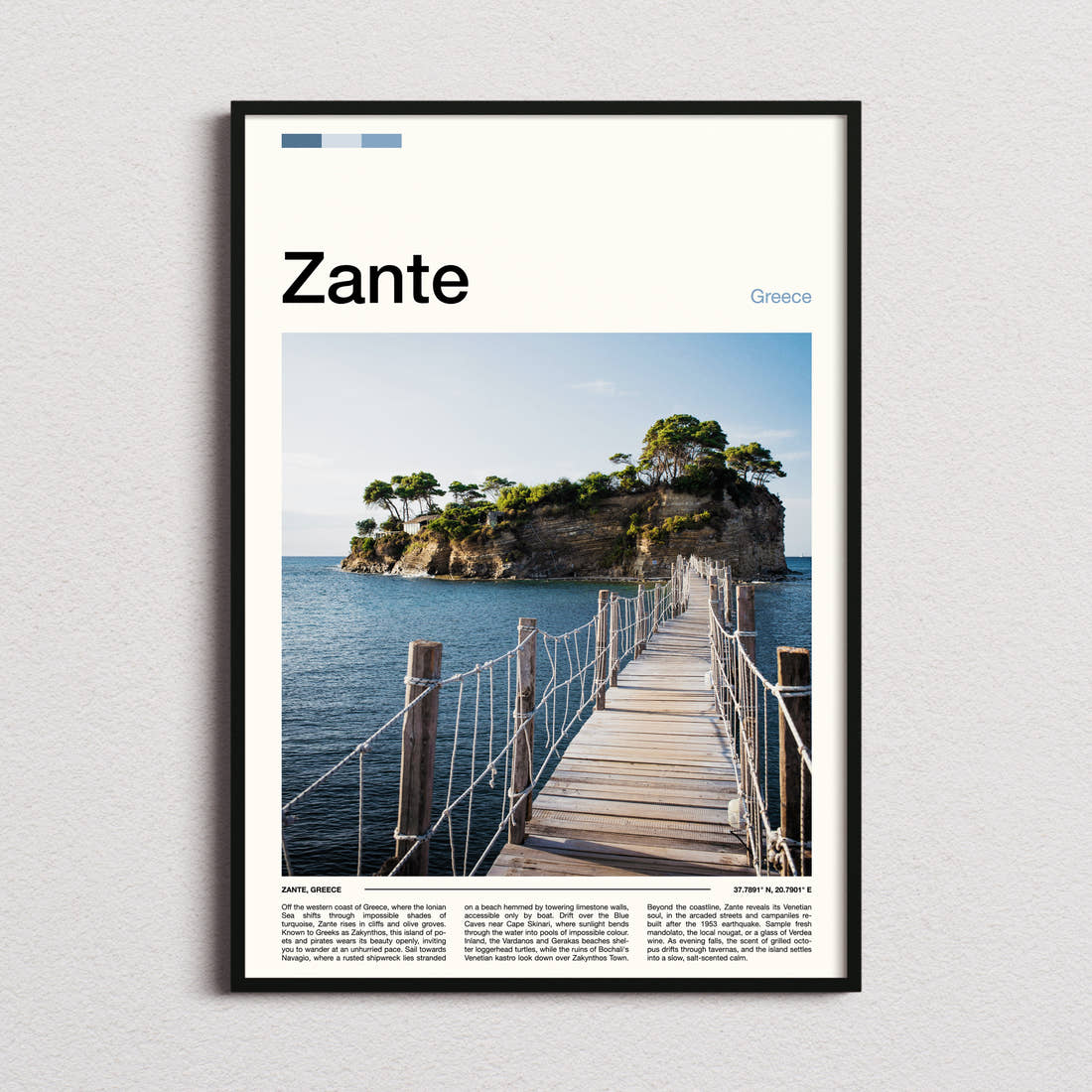 Zante Wooden Footbridge Islet Travel Print framed and photographed straight on