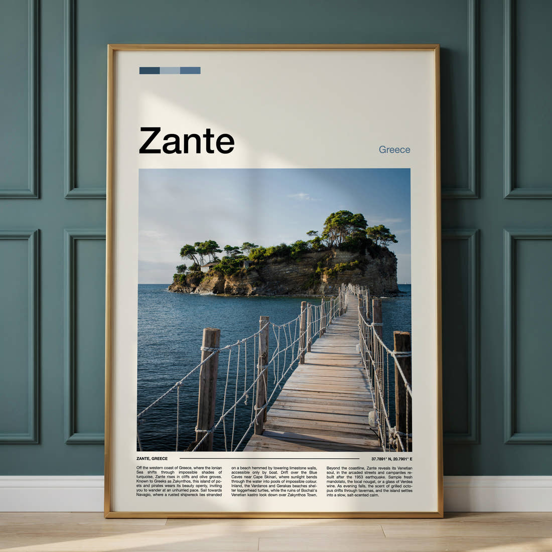 Zante Wooden Footbridge Islet Travel Print framed on the wall of a calm, neutral bedroom