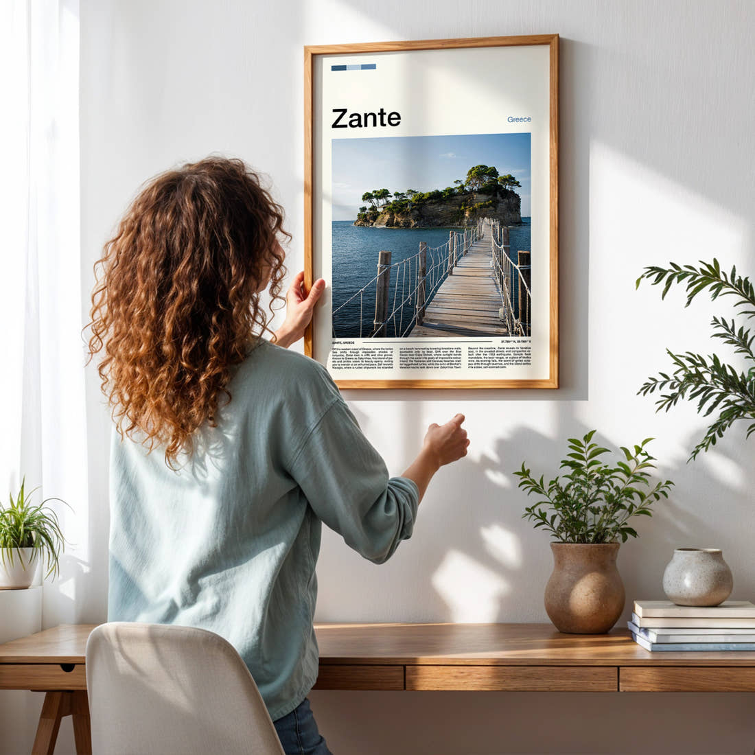 Zante Wooden Footbridge Islet Travel Print framed on a pale wall beside houseplants