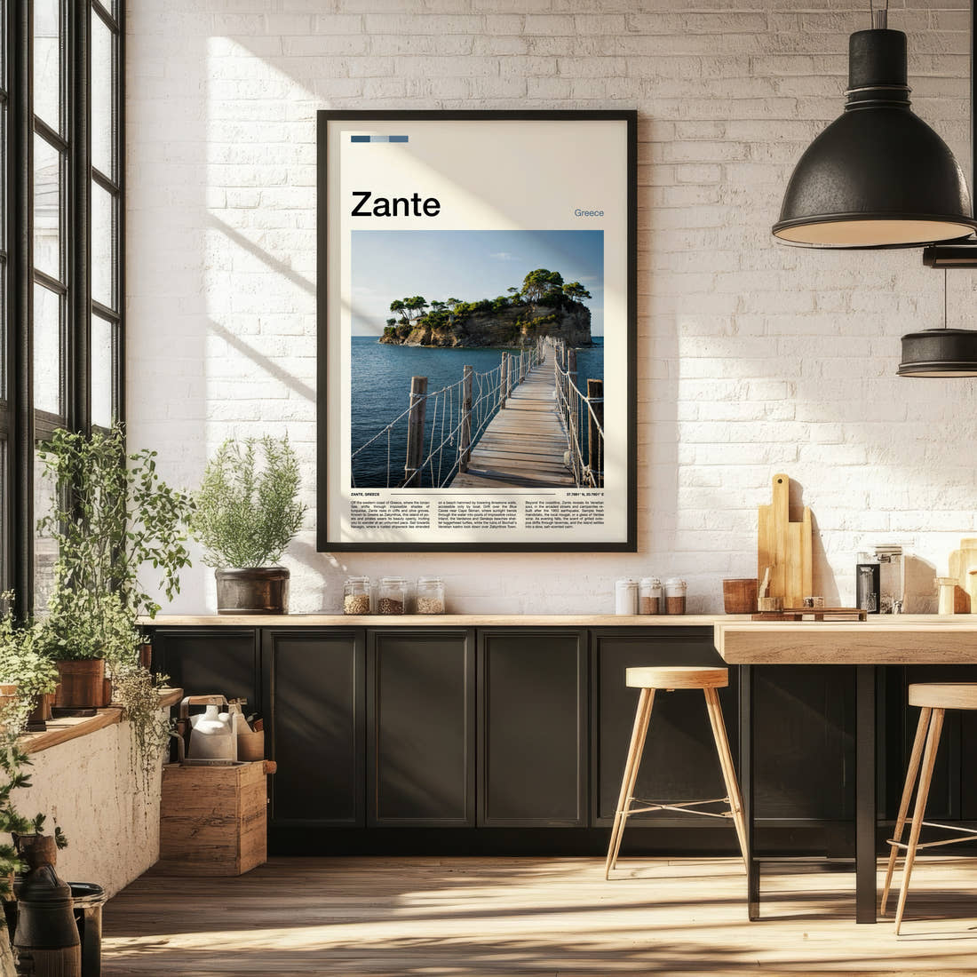 Zante Wooden Footbridge Islet Travel Print framed on the wall of a bright kitchen and dining space