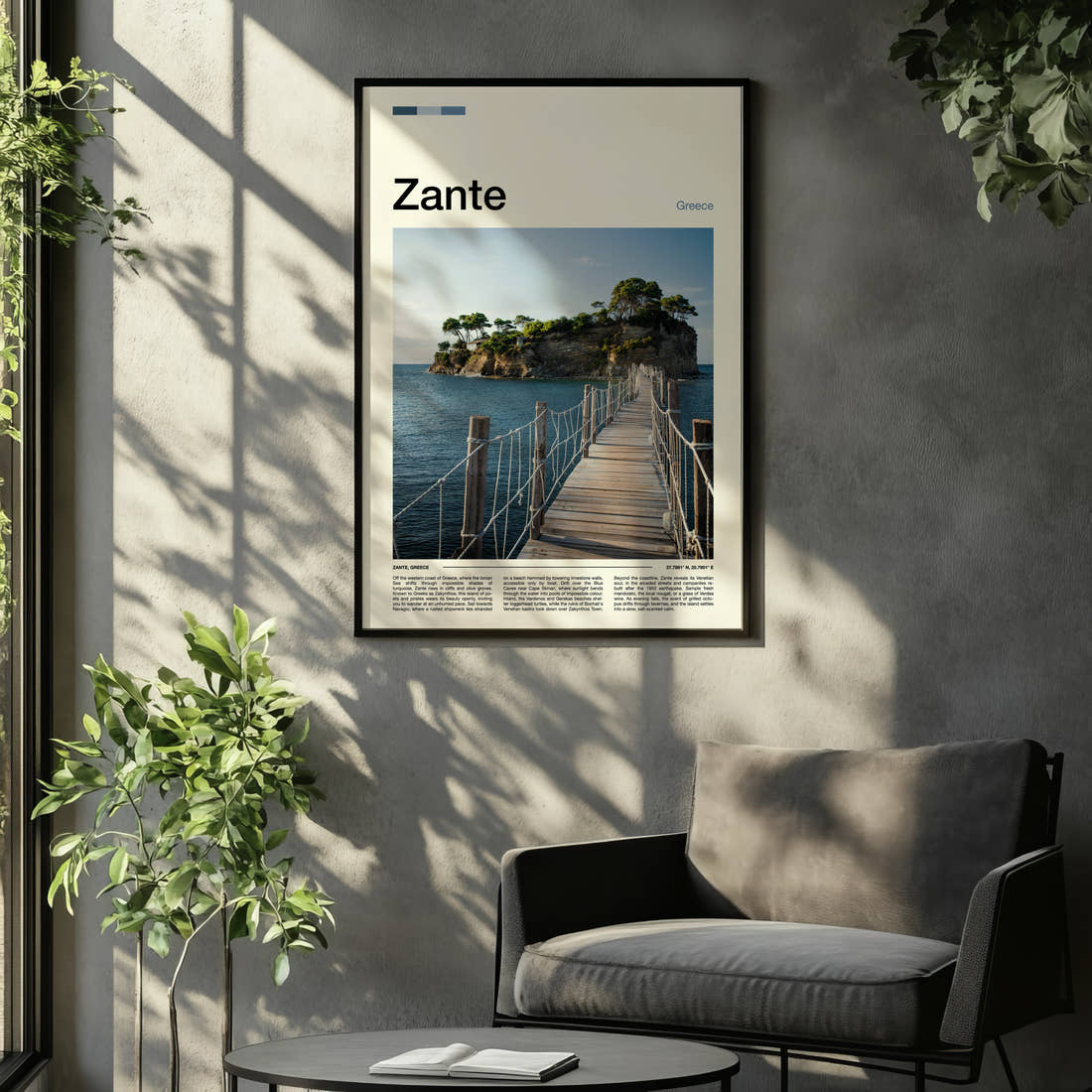 Zante Wooden Footbridge Islet Travel Print framed on the wall of a relaxed living room