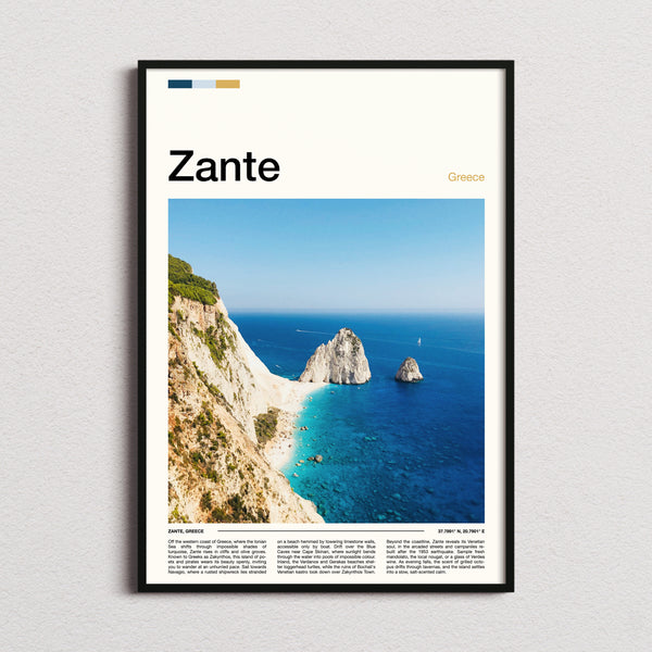 Zante Limestone Cliffs And Shipwreck Coast Travel Print framed and photographed straight on