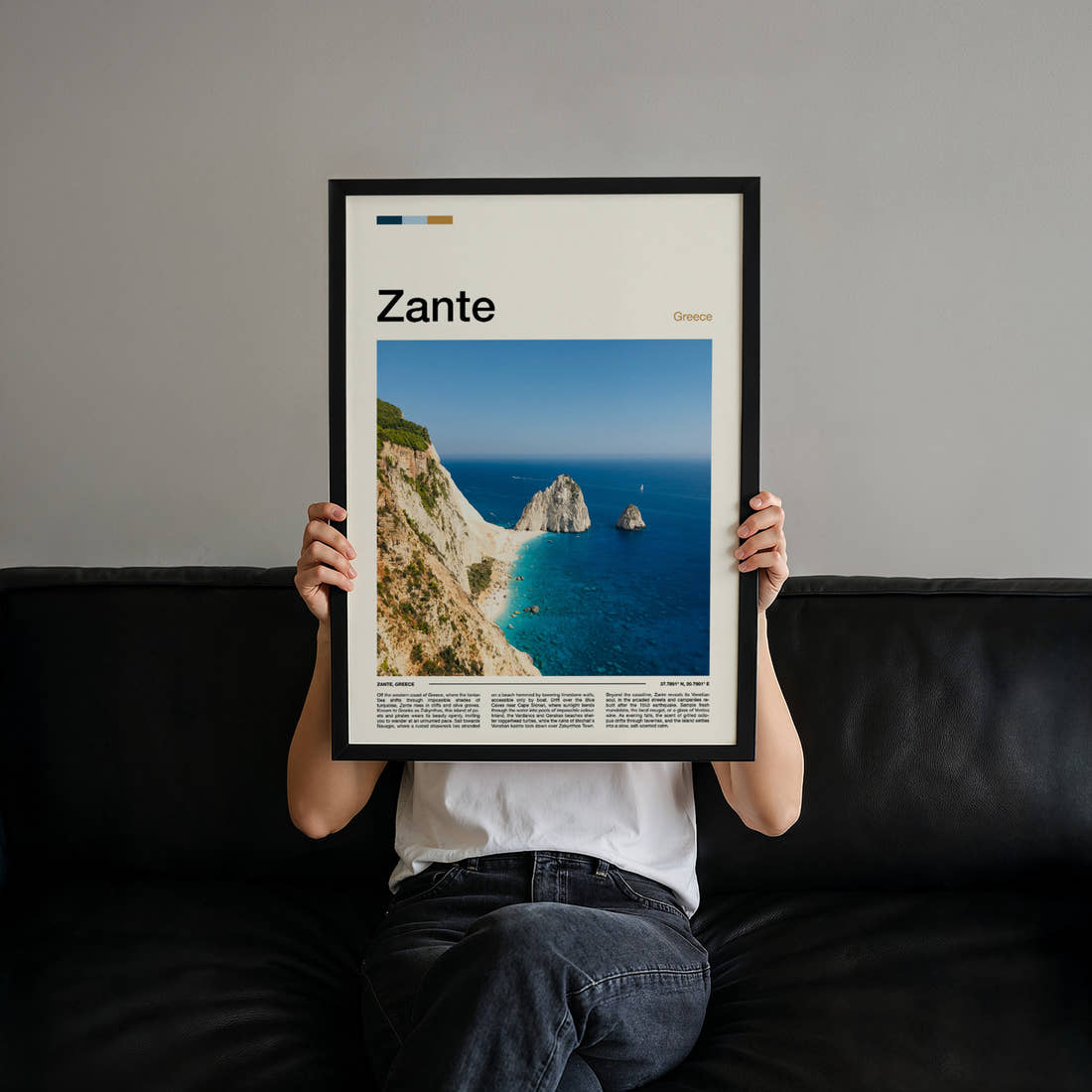 Zante Limestone Cliffs And Shipwreck Coast Travel Print held up by hand to show the size of the print