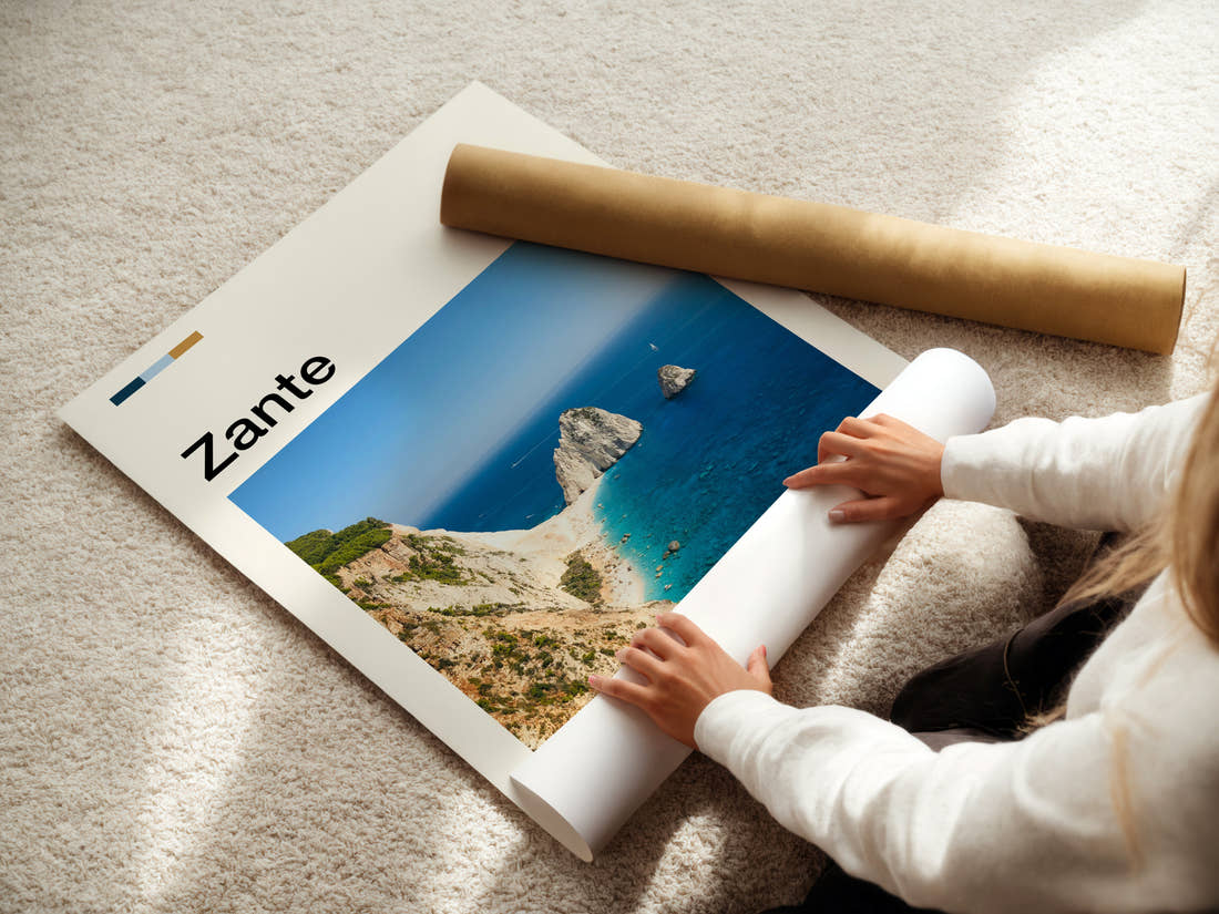 Zante Limestone Cliffs And Shipwreck Coast Travel Print being unrolled from its postal tube