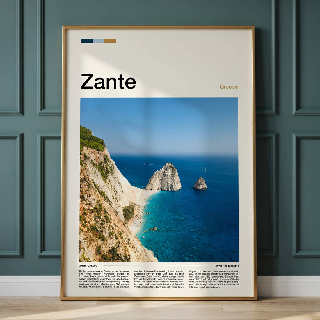 Zante Limestone Cliffs And Shipwreck Coast Travel Print framed on the wall of a calm, neutral bedroom