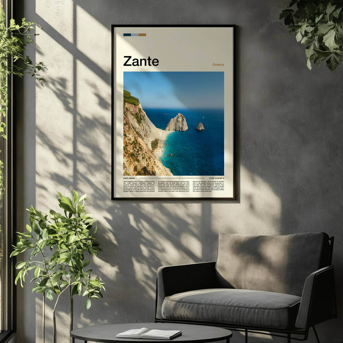 Zante Limestone Cliffs And Shipwreck Coast Travel Print framed on the wall of a relaxed living room