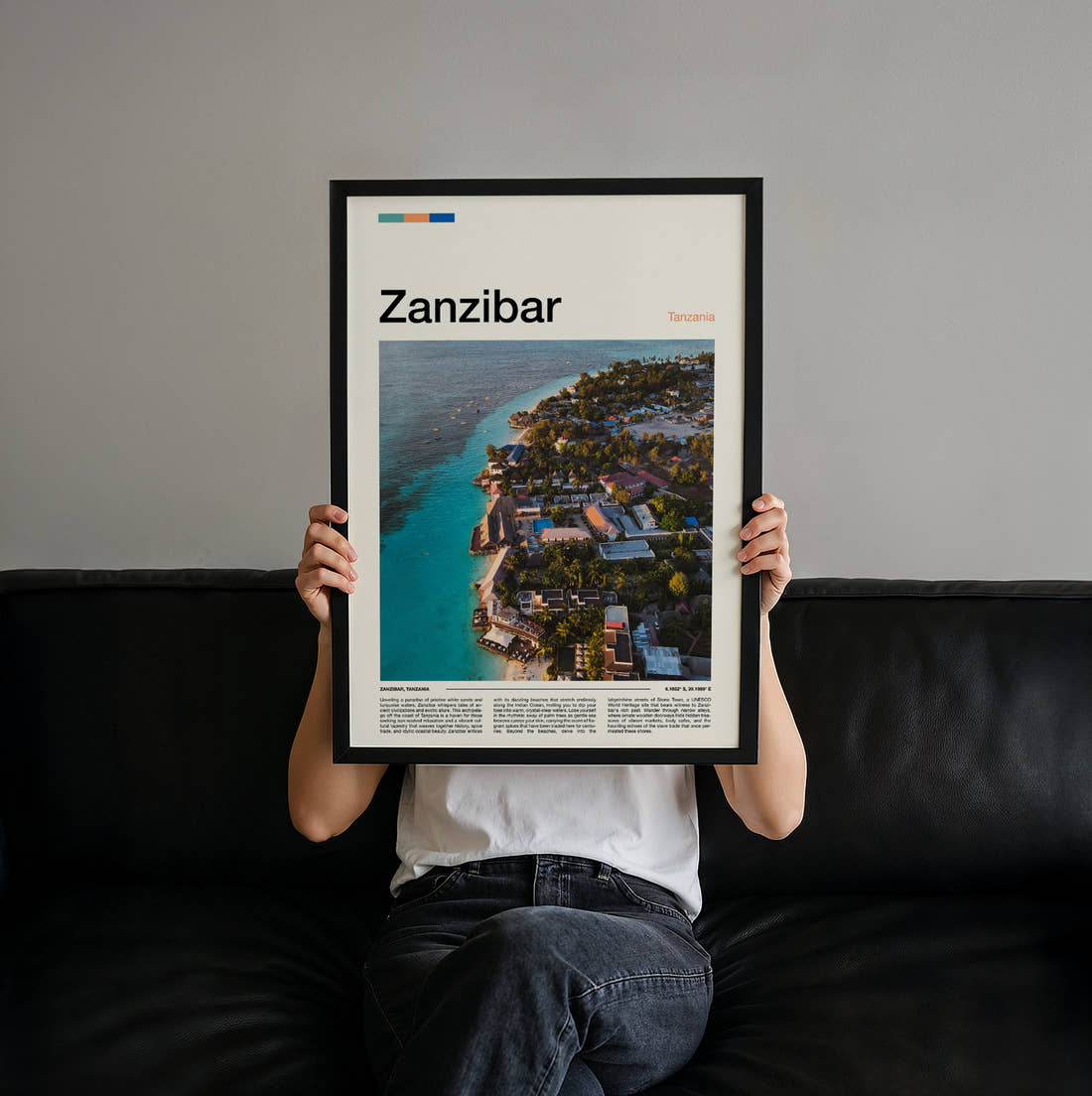 Zanzibar Turquoise Coastline Aerial Travel Print held up by hand to show the size of the print