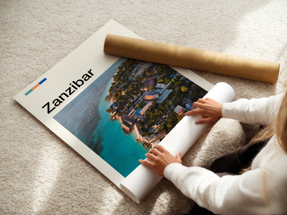 Zanzibar Turquoise Coastline Aerial Travel Print being unrolled from its postal tube