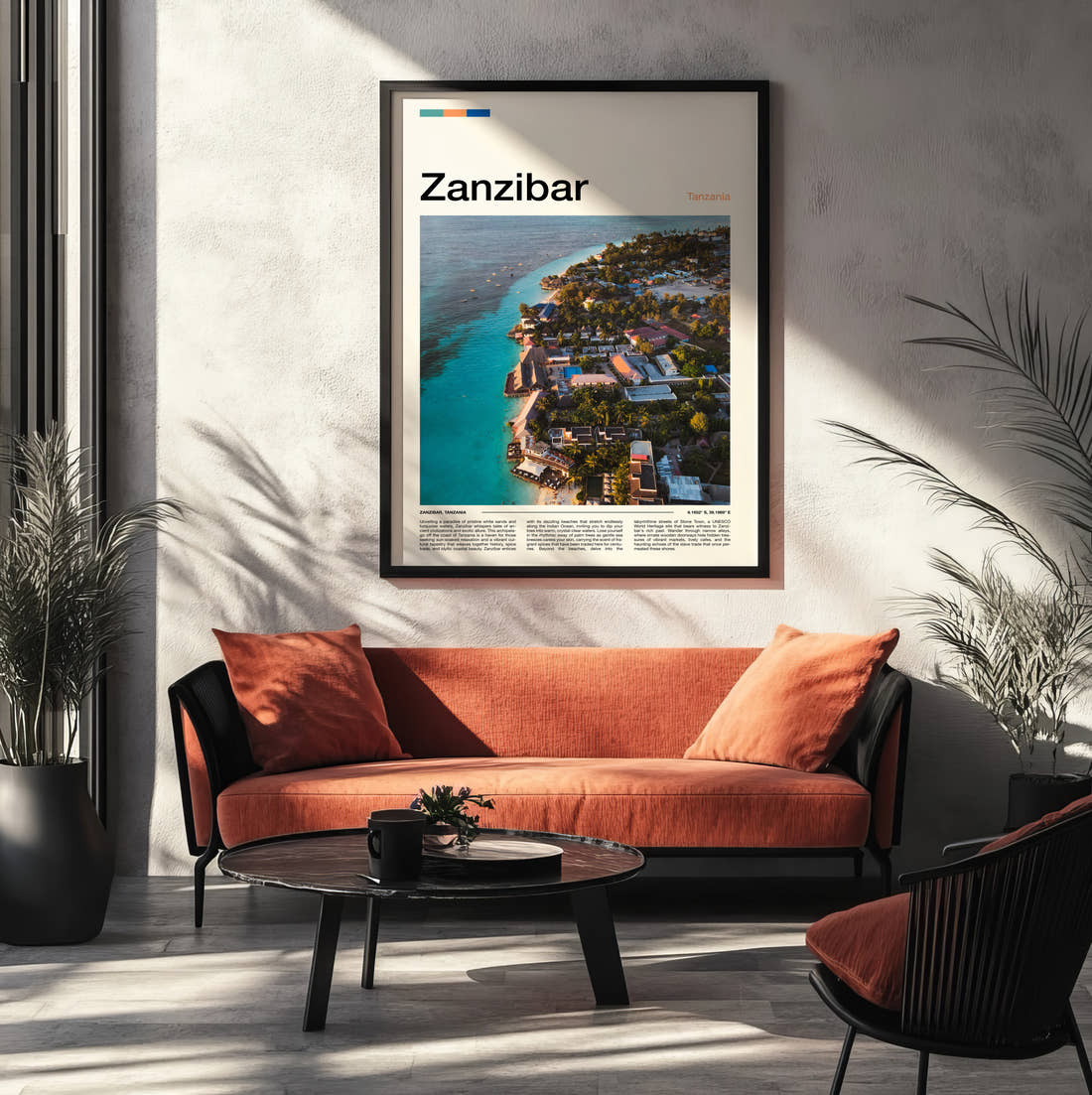 Zanzibar Turquoise Coastline Aerial Travel Print framed on the wall of a modern living room