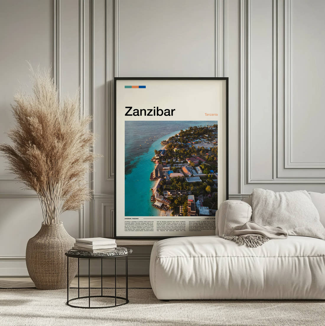 Zanzibar Turquoise Coastline Aerial Travel Print framed on the wall of a calm, neutral bedroom