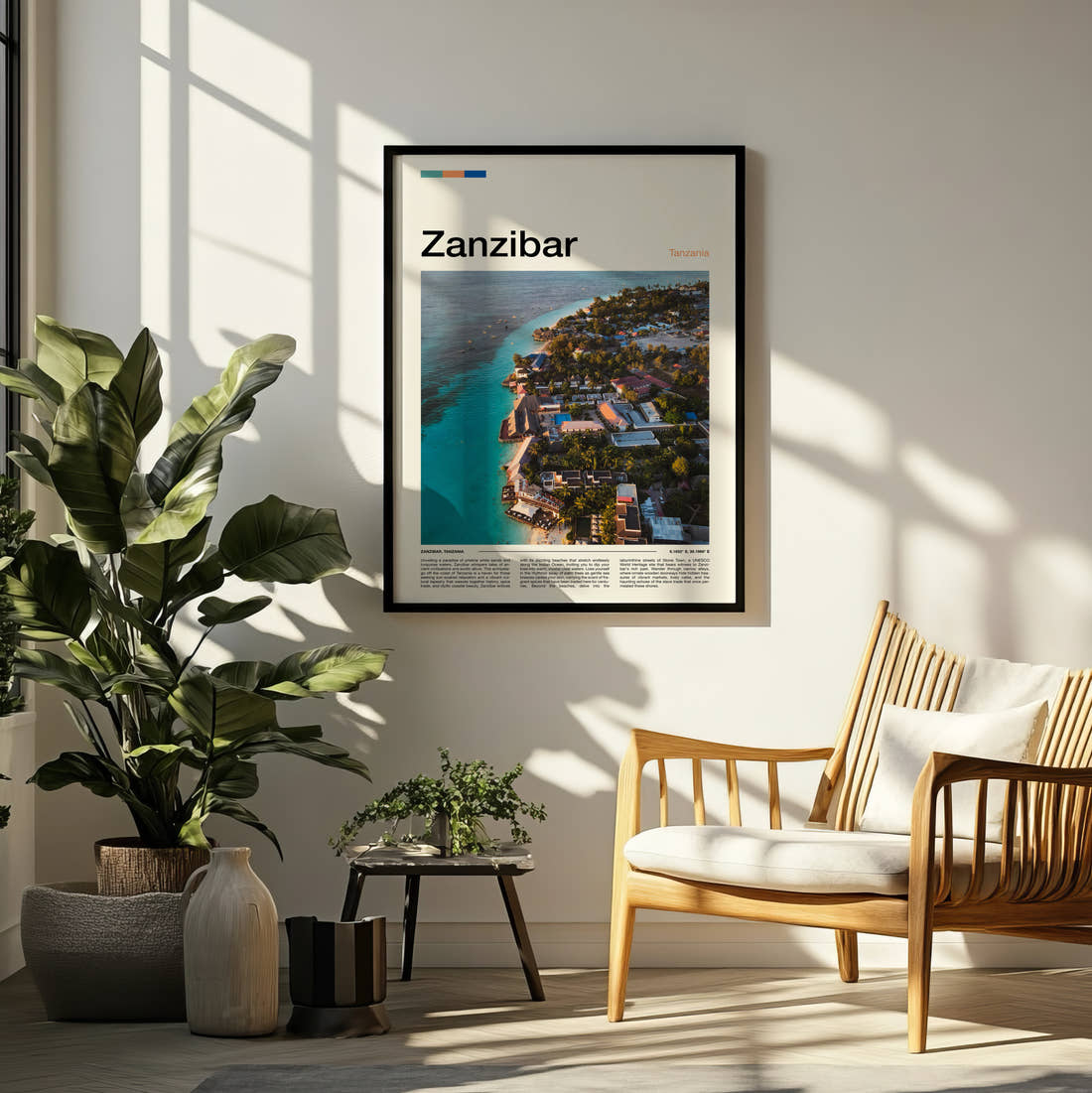 Zanzibar Turquoise Coastline Aerial Travel Print framed on a pale wall beside houseplants