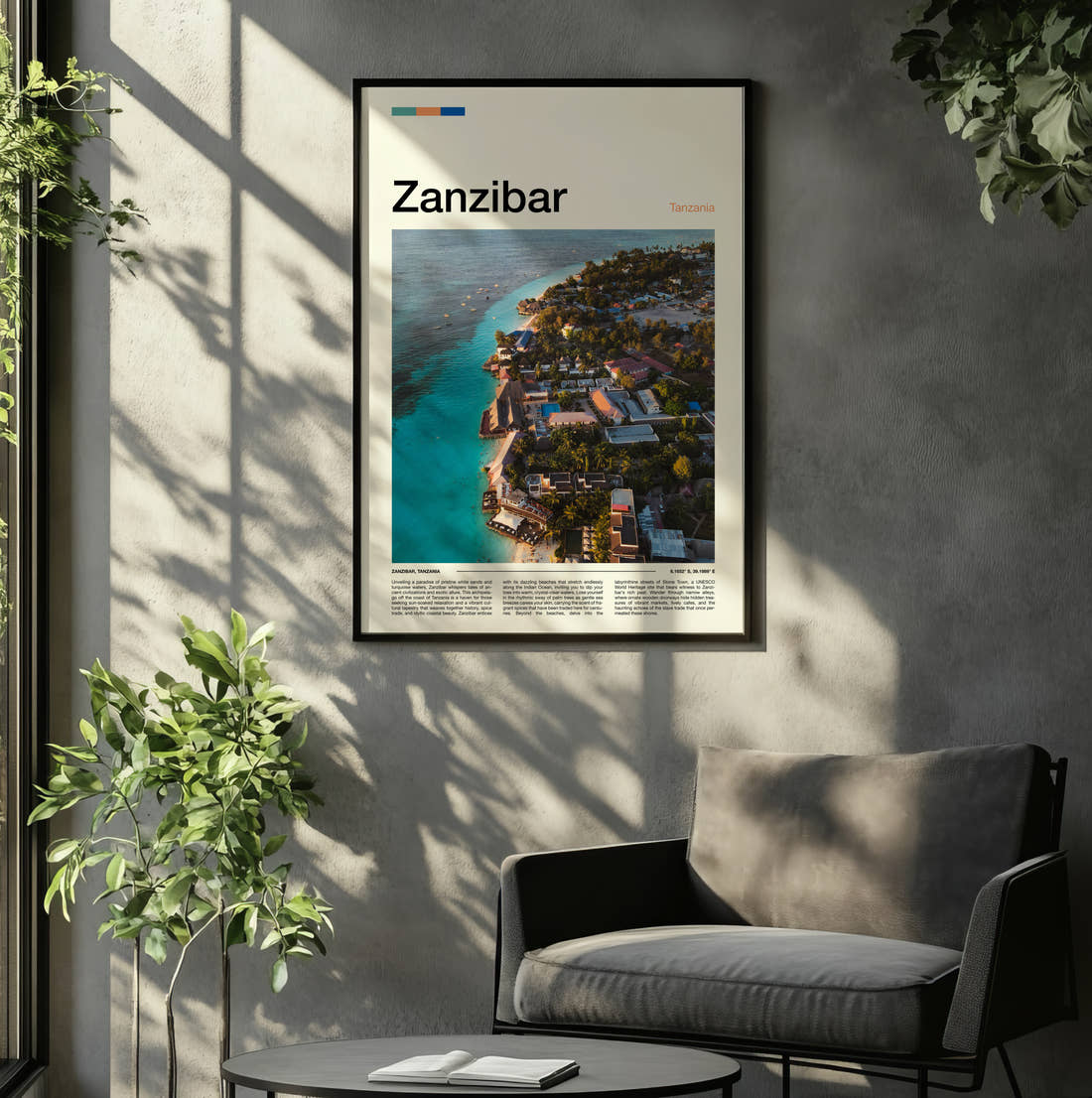 Zanzibar Turquoise Coastline Aerial Travel Print framed on the wall of a relaxed living room